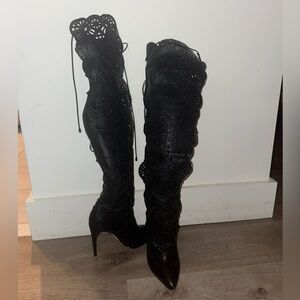 Alexandre Birman Black Lace Over-the-Knee Boots